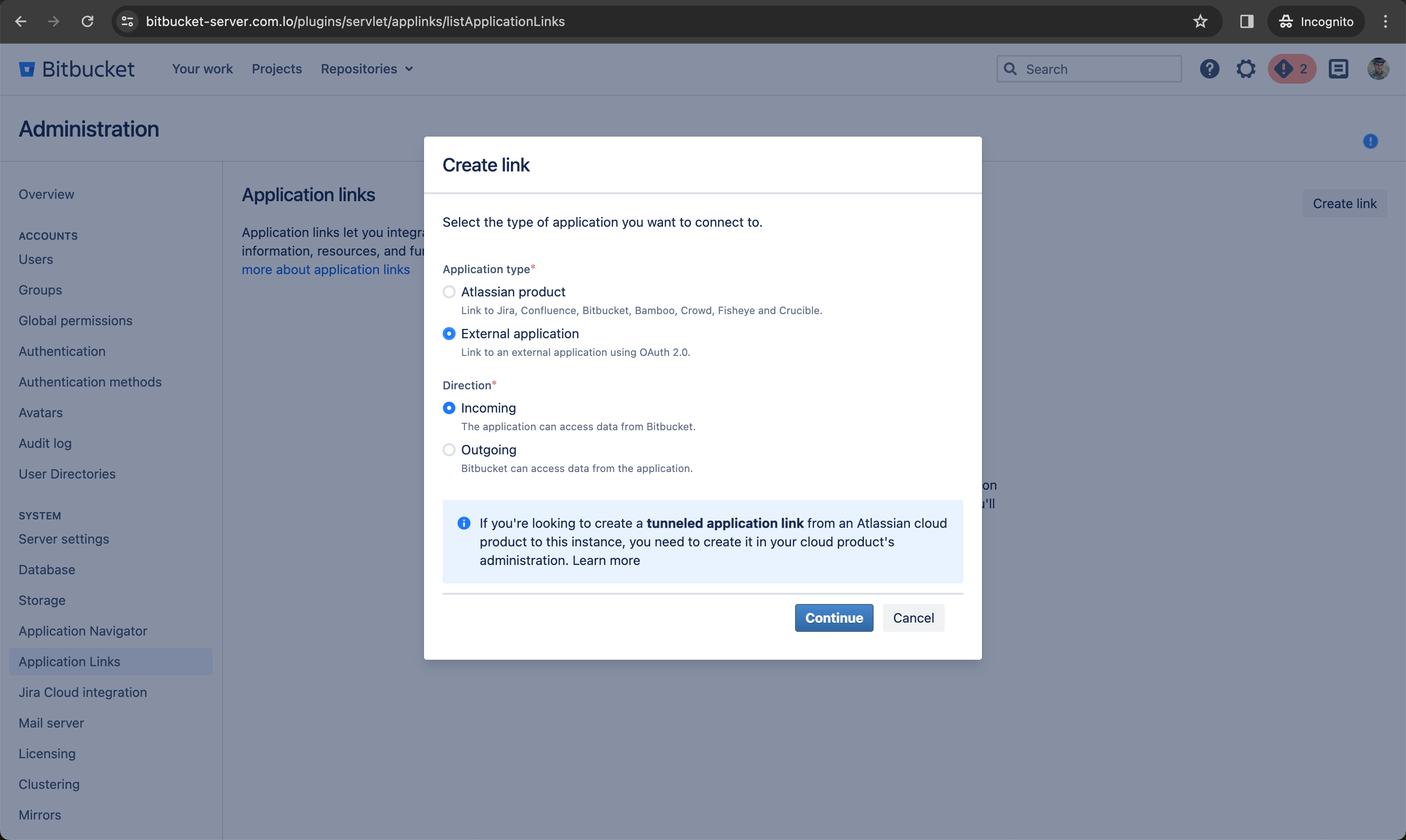 Bitbucket Data Center / Server Create Application Link