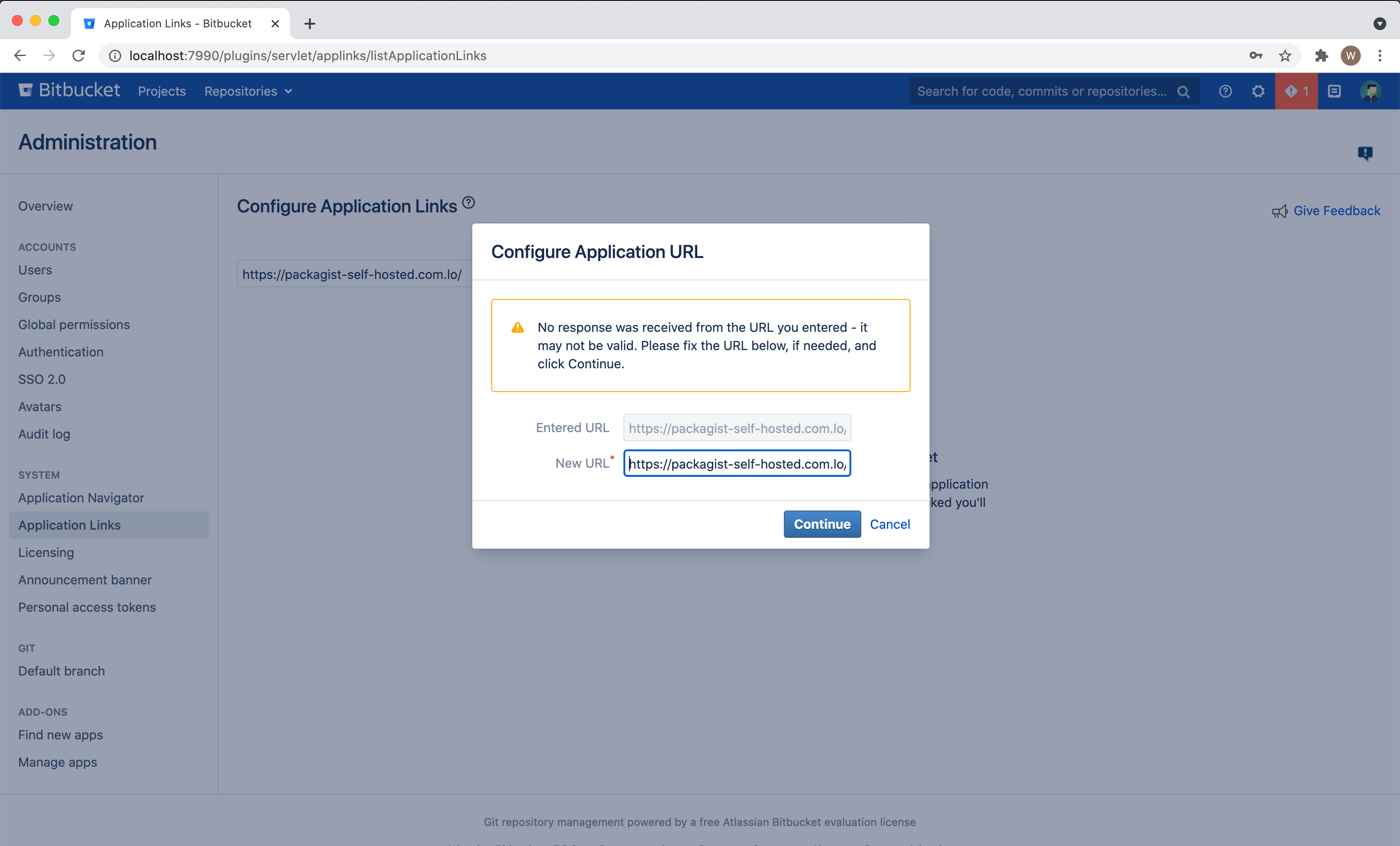 Bitbucket Data Center / Server Invalid Url