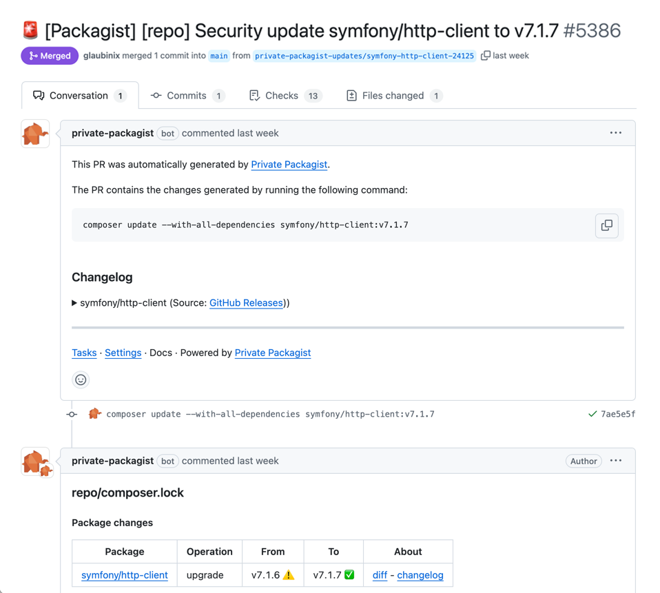 Screenshot of a merged PR for a security updated